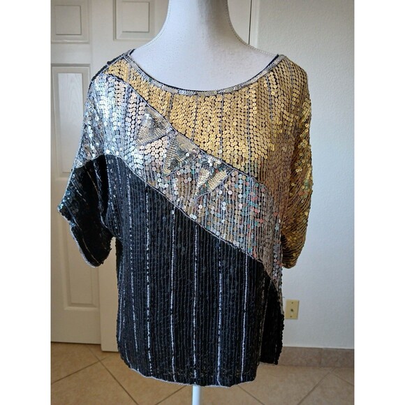 Sparklers Women’s Blouse Sequined M 100% Silk Black Gold Silver Vintage 80’s - Picture 1 of 13